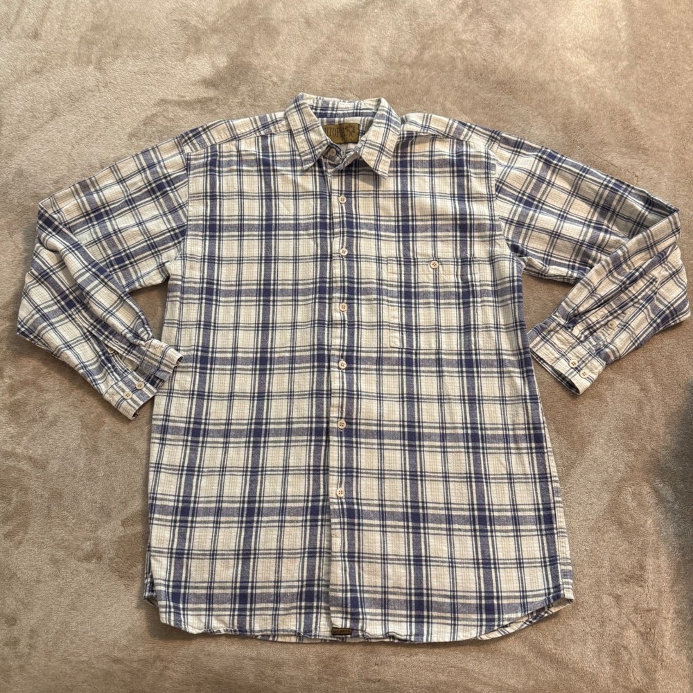 Utopia Mens Blue Cream Plaid Linen Cotton Blend Button Down Shirt Size Medium